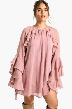 Smock Dresses*boohoo Petite Ruffle Flare Sleeve Mini Shift Dress blush