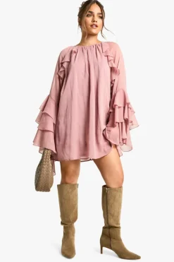 Smock Dresses*boohoo Petite Ruffle Flare Sleeve Mini Shift Dress blush