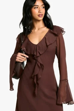Maxi Dresses|Long Sleeve Dresses*boohoo Petite Ruffle Flare Sleeve Belted Chiffon Maxi Dress chocolate