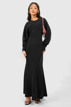 Maxi Dresses|Long Sleeve Dresses*boohoo Petite Satin Batwing Maxi Dress black