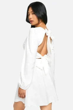 Skater Dresses*boohoo Petite Satin Bow Tie Back Skater Dress ivory