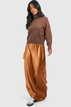 Jumper Dresses|Jumper Dresses*boohoo Petite Satin Mix Knitted Roll Neck Maxi Dress chocolate