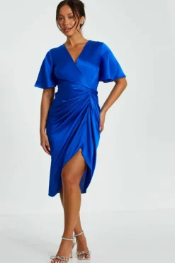 Wrap Dresses|Midi Dresses*Quiz Petite Satin Ruched Wrap Midi Dress Blue