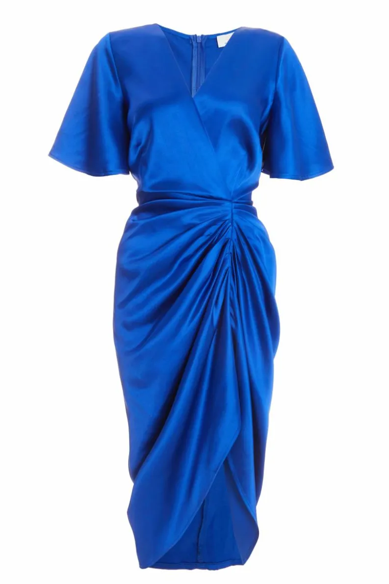 Wrap Dresses|Midi Dresses*Quiz Petite Satin Ruched Wrap Midi Dress Blue