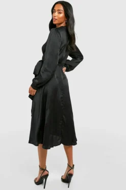 Wrap Dresses|Midi Dresses*boohoo Petite Satin Wrap Detail Midi Skater Dress black
