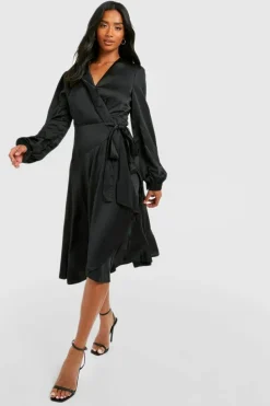 Wrap Dresses|Midi Dresses*boohoo Petite Satin Wrap Detail Midi Skater Dress black
