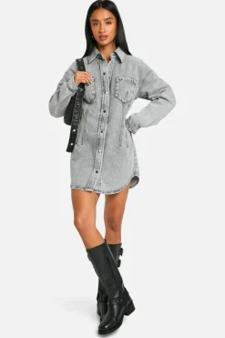 Shirt Dresses*boohoo Petite Seam Detail Fitted Denim Shirt Dress grey