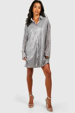 Shirt Dresses*boohoo Petite Sequin Shirt Dress silver