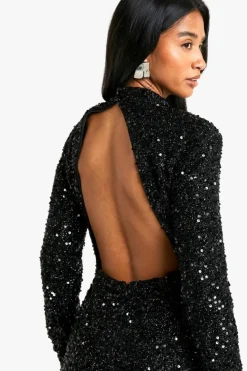 Midi Dresses*boohoo Petite Sequin Shoulder Pad Backless Midi Dress black