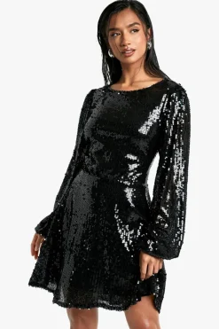 Skater Dresses*boohoo Petite Sequin Tie Back Skater Dress black