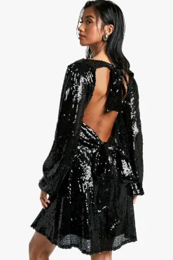 Skater Dresses*boohoo Petite Sequin Tie Back Skater Dress black