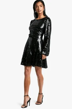 Skater Dresses*boohoo Petite Sequin Tie Back Skater Dress black
