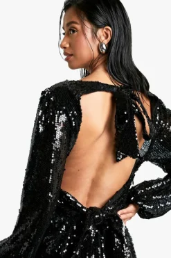 Skater Dresses*boohoo Petite Sequin Tie Back Skater Dress black