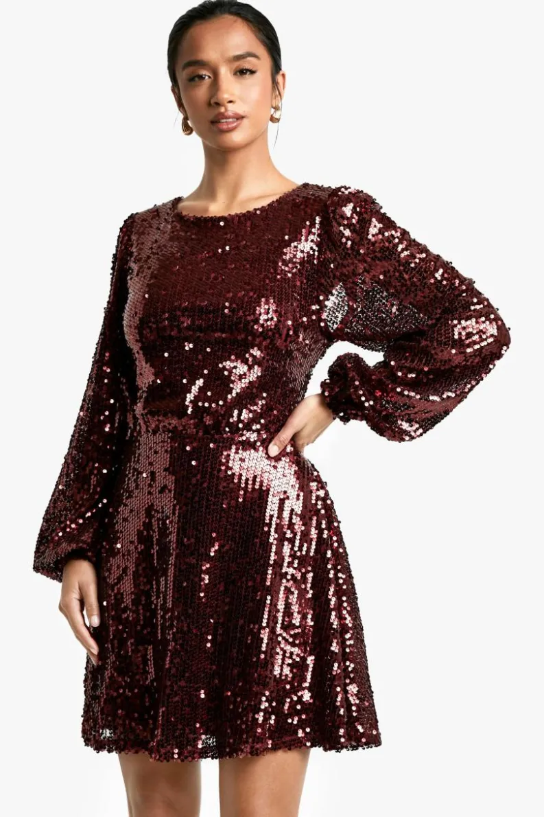 Skater Dresses*boohoo Petite Sequin Tie Back Skater Dress red