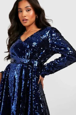Wrap Dresses*boohoo Petite Sequin Wrap Belted Skater Dress cobalt