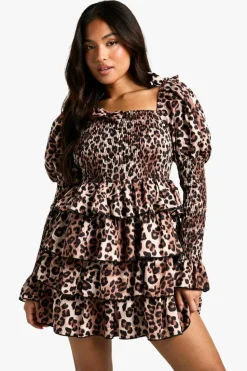Skater Dresses*boohoo Petite Shirred Leopard Shirred Tiered Ruffle Skater Dress animal