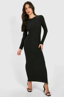 Bodycon Dresses|Maxi Dresses*boohoo Petite Slinky Scoop Neck Long Sleeve Maxi Dress black