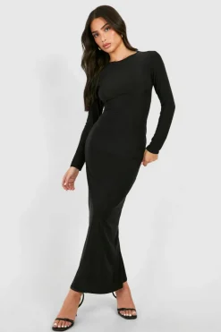 Bodycon Dresses|Maxi Dresses*boohoo Petite Slinky Scoop Neck Long Sleeve Maxi Dress black
