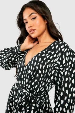 Wrap Dresses|Mini Dresses*boohoo Petite Smudge Print Ruffle Woven Wrap Dress black