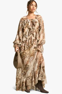 Smock Dresses*boohoo Petite Snake Ruffle Detail Chiffon Maxi Dress natural