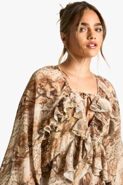 Smock Dresses*boohoo Petite Snake Ruffle Detail Chiffon Maxi Dress natural