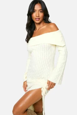 Jumper Dresses|Jumper Dresses*boohoo Petite Soft Cable Asymmetric Hem Bardot Maxi Dress butter
