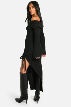 Maxi Dresses|Jumper Dresses*boohoo Petite Soft Cable Asymmetric Hem Bardot Maxi Dress black