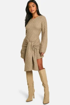 Jumper Dresses|Jumper Dresses*boohoo Petite Soft Cable Oversized Tie Detail Knitted Mini Dress mocha
