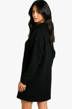 Jumper Dresses|Jumper Dresses*boohoo Petite Soft Knit Thick Rib Zip Neck Oversize Mini Dress black