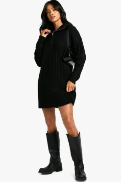 Jumper Dresses|Jumper Dresses*boohoo Petite Soft Knit Thick Rib Zip Neck Oversize Mini Dress black