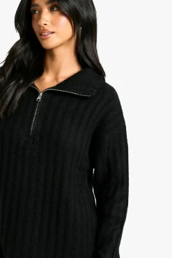 Jumper Dresses|Jumper Dresses*boohoo Petite Soft Knit Thick Rib Zip Neck Oversize Mini Dress black