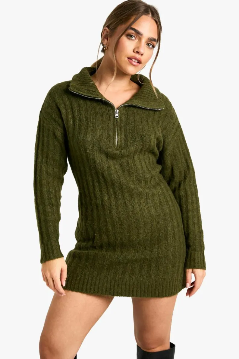 Jumper Dresses|Jumper Dresses*boohoo Petite Soft Knit Thick Rib Zip Neck Oversize Mini Dress khaki