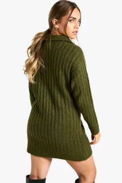 Jumper Dresses|Jumper Dresses*boohoo Petite Soft Knit Thick Rib Zip Neck Oversize Mini Dress khaki