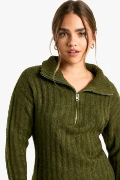 Jumper Dresses|Jumper Dresses*boohoo Petite Soft Knit Thick Rib Zip Neck Oversize Mini Dress khaki