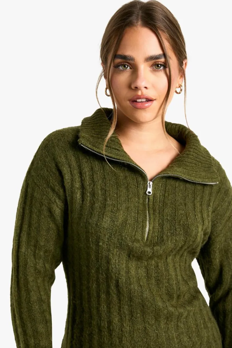 Jumper Dresses|Jumper Dresses*boohoo Petite Soft Knit Thick Rib Zip Neck Oversize Mini Dress khaki
