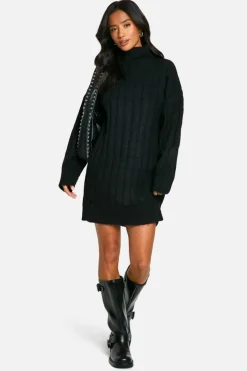 Jumper Dresses|Jumper Dresses*boohoo Petite Soft Rib Roll Neck Jumper Dress black