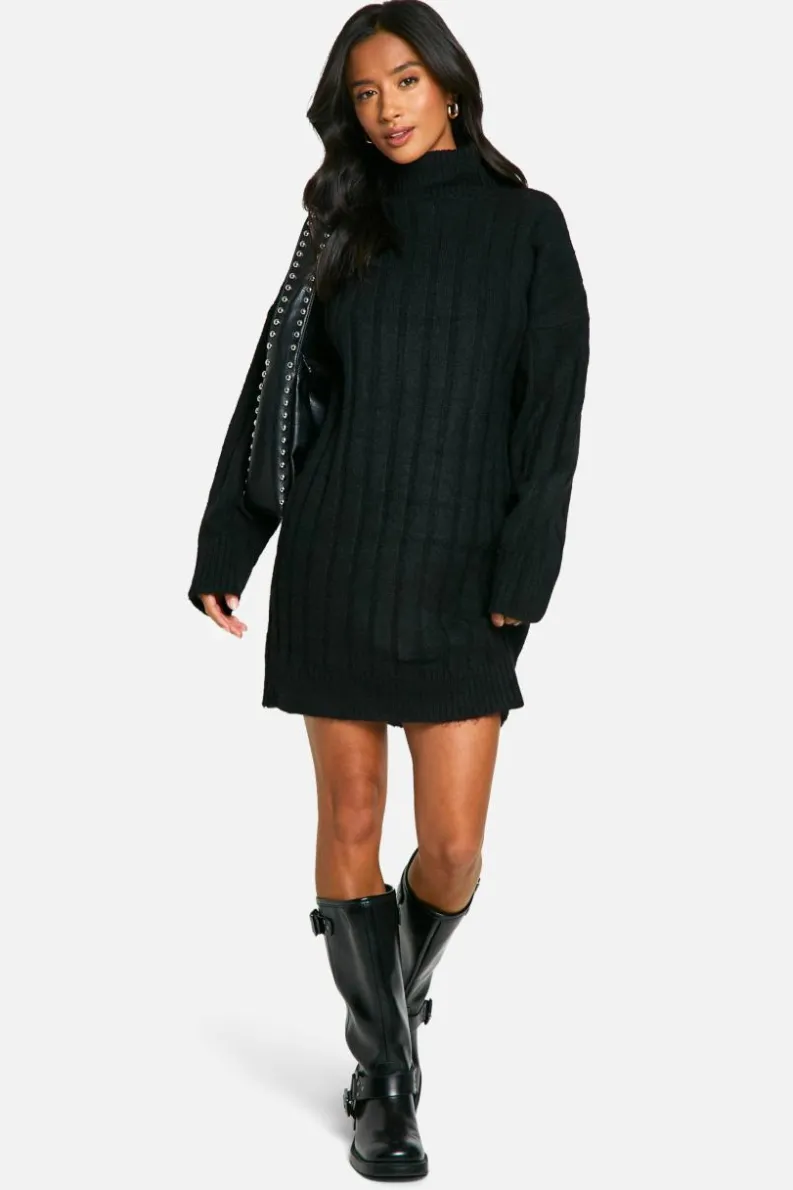 Jumper Dresses|Jumper Dresses*boohoo Petite Soft Rib Roll Neck Jumper Dress black