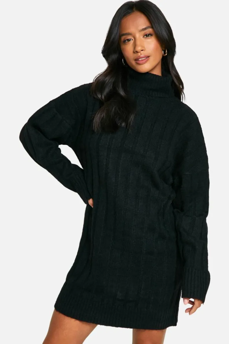 Jumper Dresses|Jumper Dresses*boohoo Petite Soft Rib Roll Neck Jumper Dress black