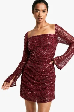 Mini Dresses|Long Sleeve Dresses*boohoo Petite Square Neck Pearl Sequin Mini Dress wine