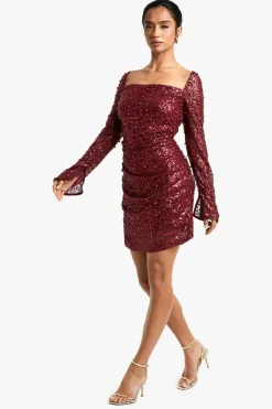 Mini Dresses|Long Sleeve Dresses*boohoo Petite Square Neck Pearl Sequin Mini Dress wine
