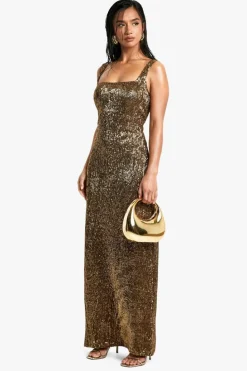 Maxi Dresses*boohoo Petite Square Neck Pleated Sequin Maxi Dress gold