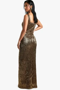 Maxi Dresses*boohoo Petite Square Neck Pleated Sequin Maxi Dress gold