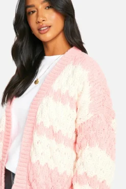 Cardigans|Knitwear*boohoo Petite Stripe Bubble Knit Chunky Cardigan pink