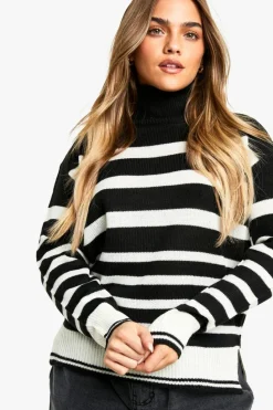 Jumpers*boohoo Petite Stripe Roll Neck Jumper black