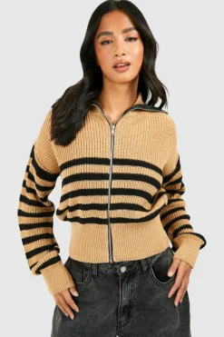 Cardigans*boohoo Petite Stripe Zip Through Cardigan camel