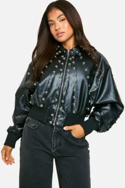 Up To 80% Off Winter Warmers|Bomber Jackets*boohoo Petite Studded Faux Leather Bomber Jacket black