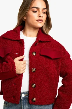 Up To 80% Off Winter Warmers|Teddy Jackets*boohoo Petite Teddy Detail Wool Look Jacket wine