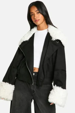Up To 80% Off Winter Warmers|Biker Jackets*boohoo Petite Teddy Faux Fur Trim Biker Jacket black