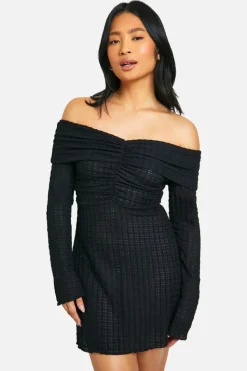 Skater Dresses*boohoo Petite Textured Bardot Mini Dress black