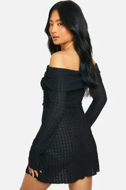 Skater Dresses*boohoo Petite Textured Bardot Mini Dress black